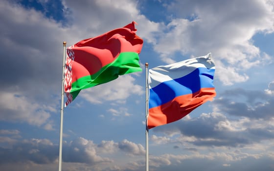 Beautiful national state flags of Russia and Belarus together at the sky background. 3D artwork concept. 