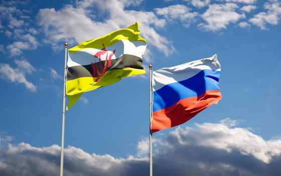 Beautiful national state flags of Russia and Brunei together at the sky background. 3D artwork concept. 