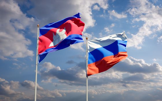 Beautiful national state flags of Russia and Cambodia together at the sky background. 3D artwork concept. 