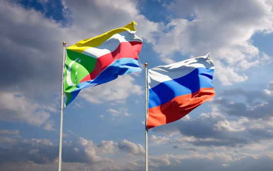 Beautiful national state flags of Russia and Comoros together at the sky background. 3D artwork concept. 