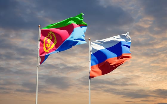 Beautiful national state flags of Russia and Eritrea together at the sky background. 3D artwork concept. 