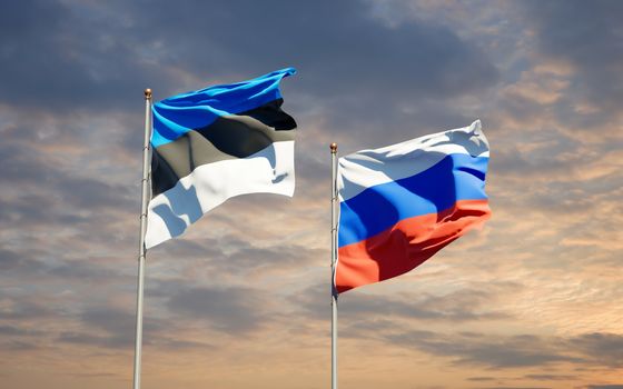 Beautiful national state flags of Russia and Estonia together at the sky background. 3D artwork concept. 
