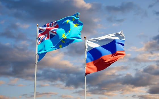 Beautiful national state flags of Tuvalu and Russia together at the sky background. 3D artwork concept. 