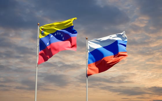 Beautiful national state flags of Venezuela and Russia together at the sky background. 3D artwork concept. 