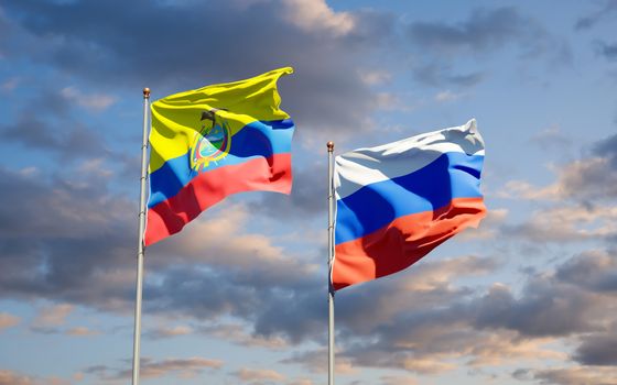 Beautiful national state flags of Ecuador and Russia together at the sky background. 3D artwork concept. 