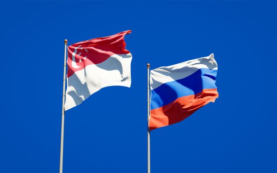 Beautiful national state flags of Singapore and Russia together at the sky background. 3D artwork concept. 