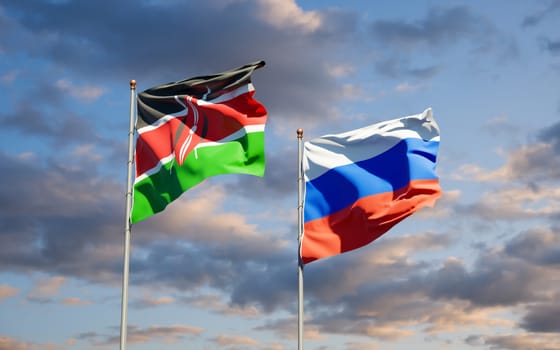 Beautiful national state flags of Kenya and Russia together at the sky background. 3D artwork concept. 