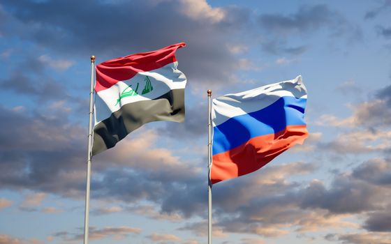 Beautiful national state flags of Iraq and Russia together at the sky background. 3D artwork concept. 