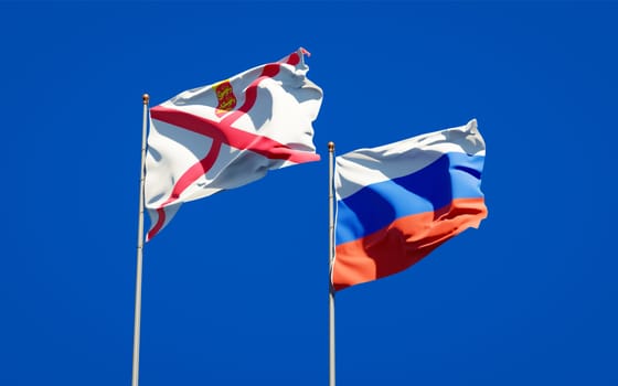 Beautiful national state flags of Jersey and Russia together at the sky background. 3D artwork concept. 
