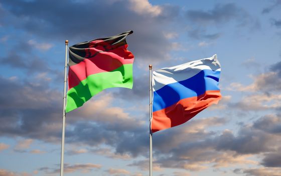 Beautiful national state flags of Malawi and Russia together at the sky background. 3D artwork concept. 