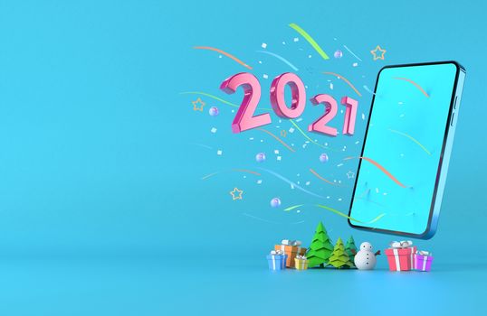 blue smartphone with a blue screen with a pink number of 2021 for the new year concept. copy space on. gift and present. Christmas tree. celebration design. blue background. isometric. 3d illustrator.