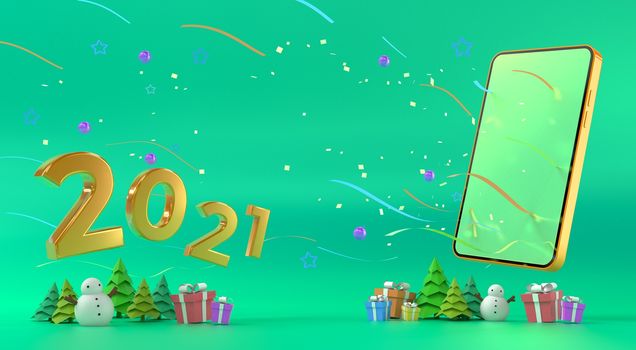 blue smartphone with a screen with a gold number of 2021 for the new year concept. copy space on. gift and present. Christmas tree. celebration design. green background. isometric. 3d illustrator.