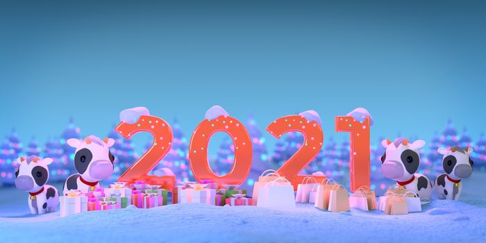 happy new year 2021 concept for the winter season. Year of the ox cow character. pine tree with snow decorates by a celebration light and gift. copy space blue background. pink number. 3d illustrator.
