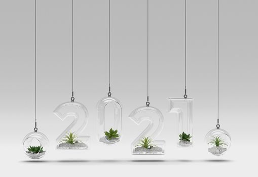 number 2021 happy new year design. text nature concept. grey background. ecology concept. transparent opacity design. small tree and plant in glass number. a number of luxury design. 3d illustrator.