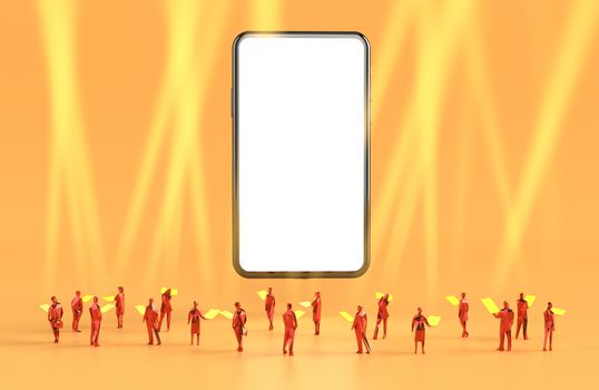 smartphone with a white screen for copy space. graphic of people looks at the smartphone screen. spotlight fog from mobile to in the air. in the orange background. news report concept. 3d illustration