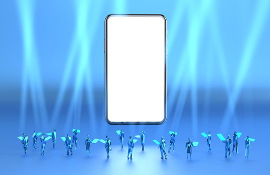 smartphone with a white screen for copy space. graphic of people looks at the smartphone screen. spotlight fog from mobile to in the air. in the blue background. news report concept. 3d illustrator