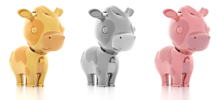 golden silver pink gold smile baby cute cow on white background. ox character new year 2021 concept. shiny material concept design. horoscope fortune gift. 3d illustrator. The clipping path includes.