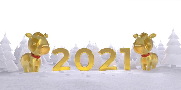 little golden baby cow character gift in winter snow season background with Christmas tree. happy new year 2021 rich concept. copy space white backdrop. horoscope year zodiac design.