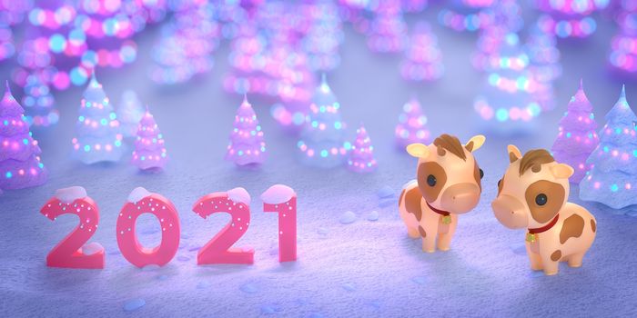 happy new year 2021 concept for the winter season. Year of the ox cow character. pine tree with snow decorates by a celebration light. 2021 pink number. 3d illustrator.