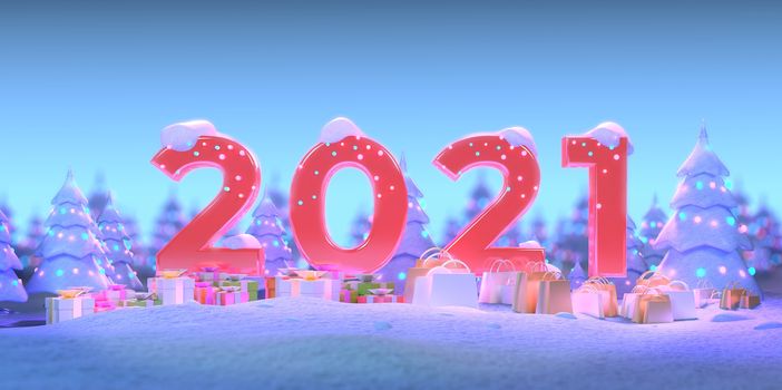 happy new year 2021 concept for the winter season.
red reflection text with Christmas light. pine tree with snow decorates by a celebration light. gift box and shopping bag on snow. 3d illustrator.