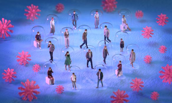 people wear a surgical mask protect against the covid virus. social distancing in snow winter park. casual crowds on snow. Christmas safety season concept. healthy information design. 3d illustrator.