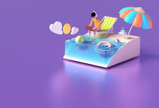 A man working on a laptop on a beach chair in the summer. The concept of relaxing outside on the beach. young listening to music with headphones radio wifi. online social lifestyle. 3D illustrator.