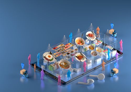 restaurant online store order applications from smartphones. food menu app shop. people shopping from home buys and delivery. social distancing digital lifestyle. tracking GPS network. 3d illustrator.