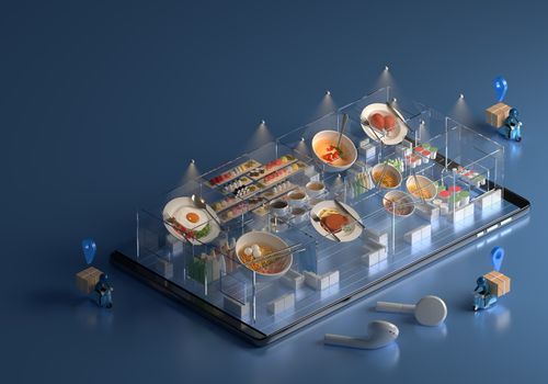food order smartphone application. online restaurant delivery tracking. shopping mall food court menu, convenience internet store. reservation app. courier business network. 3d illustrator.