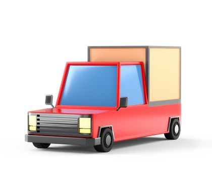 Red freight pickup van car equipped with container box cargo for goods, cartoon style minimal square shape. 3d illustrator. white background soft shadow. perspective view. clipping path object inside.