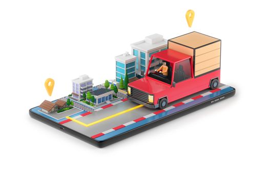 Delivery car with man driver shipping goods shopping online to home. tracking map GPS e-commerce application smartphone. navigation app with the road. 3D illustrator. clipping path object inside