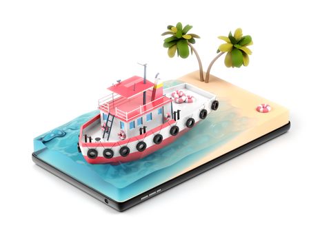 shopping shipping online from fishing boat. blue sea at the beach in smartphone application graphic isometric summer concept. travel from seashore. 3D illustrator. clipping path object inside.