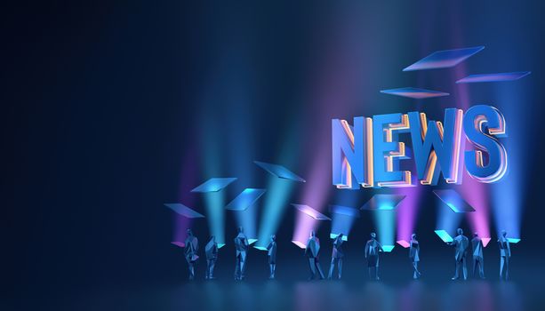 blue news font graphic with orange neon border. graphic of people looks at the smartphone screen. spotlight fog from mobile to in the air. in the blue dark background with soft reflection.