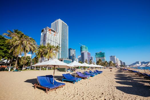 Nha Trang, Vietnam - September 26, 2018: The promenade and main beach of Nha Trang on a warm September day