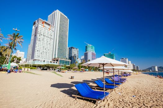 Nha Trang, Vietnam - September 26, 2018: The promenade and main beach of Nha Trang on a warm September day