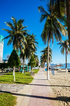 Nha Trang, Vietnam - September 26, 2018: The promenade and main beach of Nha Trang on a warm September day