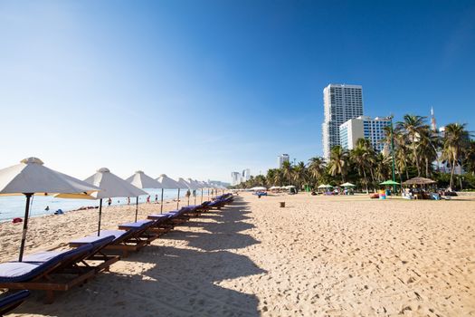 Nha Trang, Vietnam - September 26, 2018: The promenade and main beach of Nha Trang on a warm September day