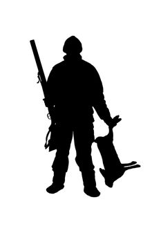 Hunter with a gun. Silhouette of a hunter with a gun and a hare in black on a white background. Hunting symbol concept.