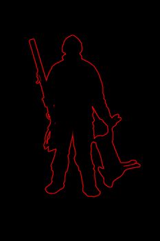 Hunter with a gun. Silhouette of a hunter with a gun and a red hare on a black background. Hunting symbol concept.