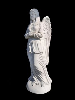 monument in the form of an angel of white on isolated on a black background.