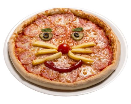 Pepperoni children's pizza will see a smiley face salami, mozzarella, tomato sauce, cherry tomatoes, canned cucumber, french fries, ketchup, basil . Isolated image on white background.