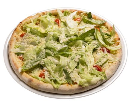 Caesar pizza thin cake, Caesar sauce, chicken fillet, tomatoes, mozzarella, parmesan, iceberg . Isolated image on white background.