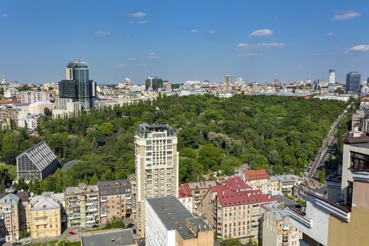 Park aerial view, Kiev Ukraine, Botanical Garden. The park is surrounded by multi-storey buildings. Park in the middle of the city. View from above.