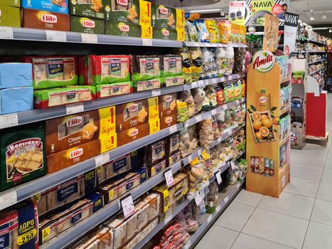 Interior view of food goods sold at local store chain Masoutis in Thessaloniki, Greece.