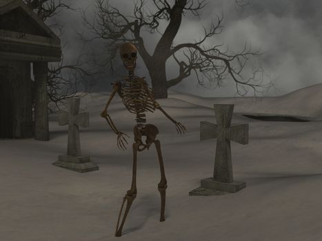 Walking skeleton in the spooky night near a crypt - 3d rendering