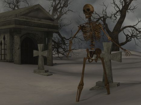 Walking skeleton in the spooky night near a crypt - 3d rendering