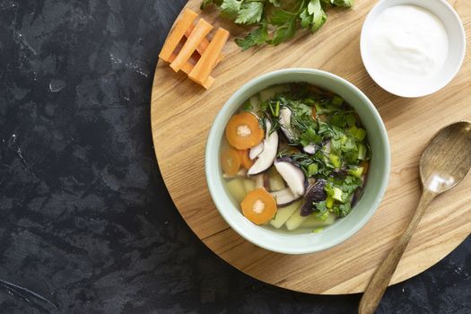 Soup with fresh white mushrooms and potato - traditional dish of russian cuisine in a clay bowl over dark wooden background.Top view with copy space