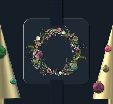 Christmas symbols 3D abstract Xmas detailed wreath, 3D gold Xmas tree, balls baubles on blue black background. 3D illustration. Holiday festive Christmas design for card, invitation, web