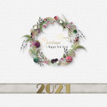 Christmas 2021 holiday realistic 3D design ornament on white. Xmas wreath with realistic ball bauble, gold ribbon, golden digit 2021 on white background. Text Merry Christmas Happy New Year. 3D render