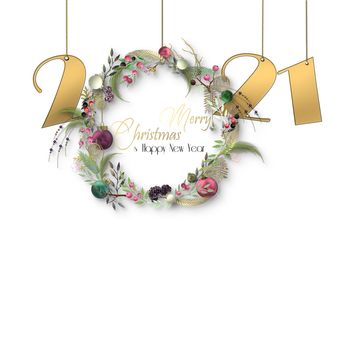 Holiday new year background with gold hanging digit 2021, 3D Xmas floral wreath with balls on white background. Text Merry Christmas Happy New Year. Place for text, copy space, mock up
