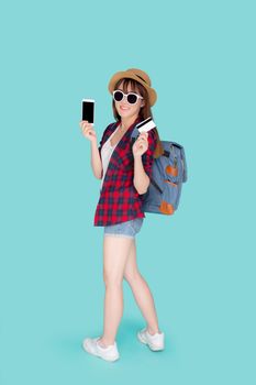 Beautiful portrait young asian woman wear travel summer fashion holding credit card and smart mobile phone in summer, asia girl payment for booking internet online with app in vacation.